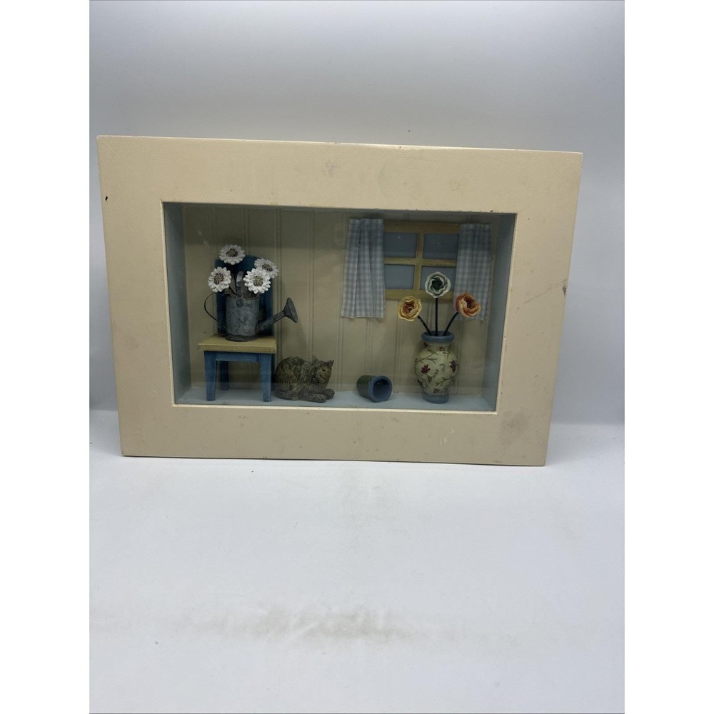 Wood And Glass Shadow Box Cozy Cat Table And Flowers 15-3/4"‎ X 11"